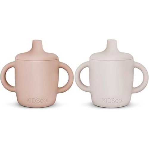 Silicone Sippy Cups with Easy Grip Transition Handles and a Soft Spout. A Non Toxic No Spill Unbreakable Training Cup 150ml/5oz |2-PACK Pink and Cream|
