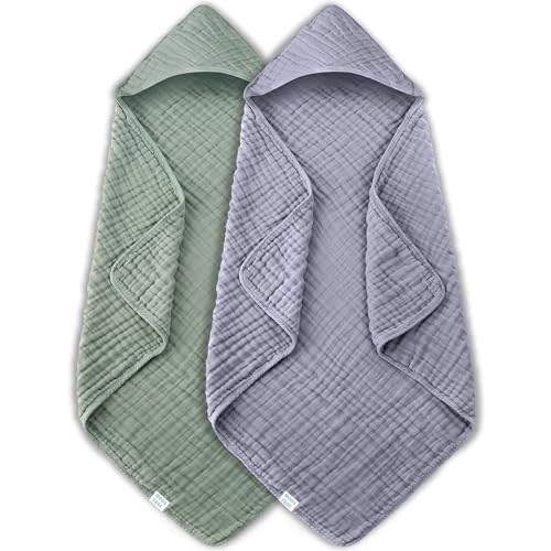MOON PARK 2 Pack Muslin Hooded Baby Bath Towels for Newborns, Infants, Toddlers - 100% Cotton - Large 32x32Inch Size - Highly Absorbent and Essential, Green and Grey