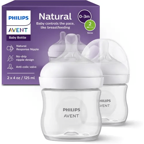 Philips Avent Natural Baby Bottles with Natural Response Nipples (Slow Flow, Flow 2), 4oz, 2-Pack, SCY900/02