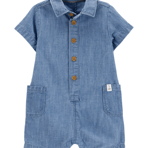 Chambray Baby Solid Cotton Blend Romper - Blue | Carter’s Oshkosh Canada