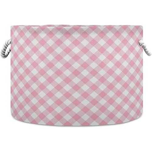 Kigai Storage Basket Pink Gingham Round Toy Baskets Foldable Nursery Organizer Waterproof Inner Layer with Sturdy Handles Clothes Laundry Hamper Bin