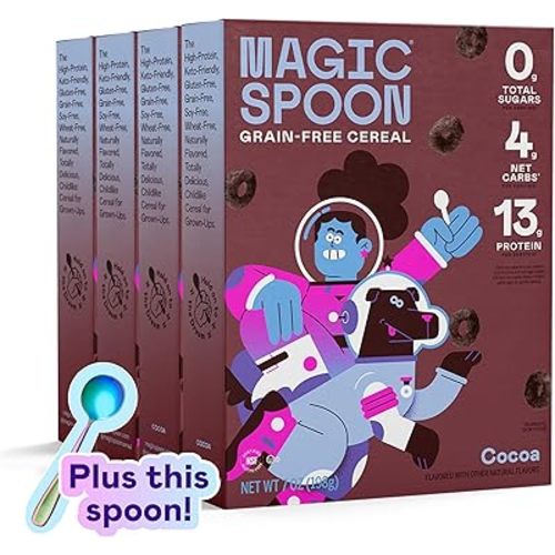 Magic Spoon Cereal, Cocoa 4-Pack of Cereal and Spoon - Keto & Low Carb Lifestyles, Gluten & Grain Free, High Protein, 0g Sugar