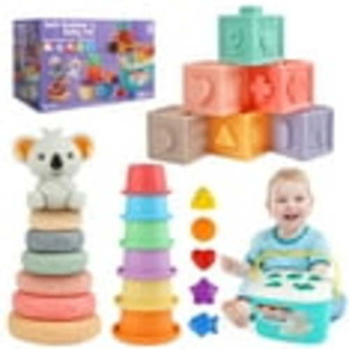 UQN Montessori Toys for 1 Year Old, 4 In 1 Baby Blocks Toys 6-12 Months, Soft Baby Teething Toys, Learning Gifts for Baby Girls Boys, Birthday Chrismas Gift