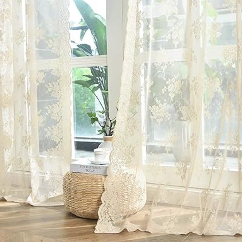 Kotile Beige Sheer Curtains 96 Inche Long for Living Room, 2 Panels Country Rustic Floral Retro Cream Lace Curtains for Bedroom, Rod Pocket Privacy Light Filtering Window Curtain Drapes 8FT, 52x96 in