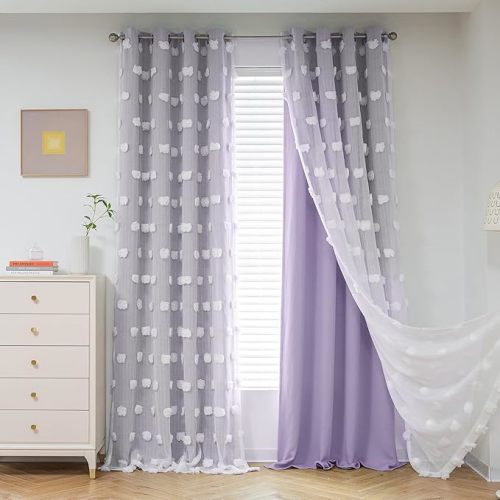 MYSKY HOME Lilac Curtains for Living Room 84 Inches Long Pom Pom White Sheer Curtains for Girls Room Nursery Curtains Double Layer for Toddler Bedroom Grommet Room Darkening Window Panels 52 x 84 in - 52"W x 84"L