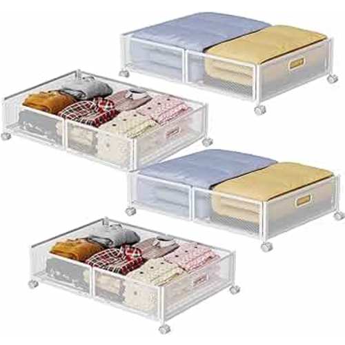 Under Bed Storage with Wheels, Rolling Underbed Storage Containers, Metal Under the Bed Storage Organizer, Under Bed Shoe Storage Drawer Bins for Clothes, Blanket, Bedroom Organization (4 Pack White)