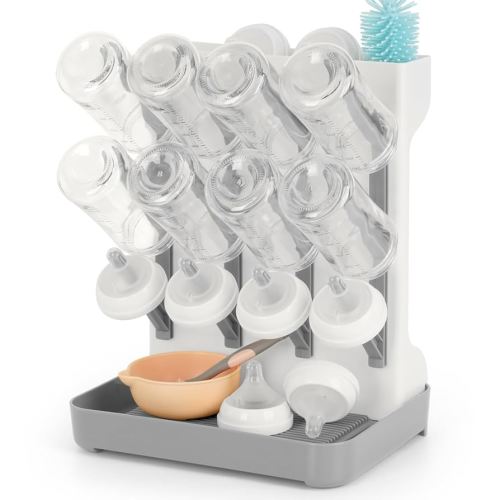 Baby Bottle Drying Rack, Space Saving Baby Bottle Organizer for Countertop Large Bottle Storage Holder 12 Bottles & Baby Accessories Grey