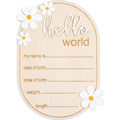 Hello World Sign, Wooden Newborn Announcement Sign Birth Announcement Signs for Hospital Nursery Baby Room Baby Baptism Daisy decoration