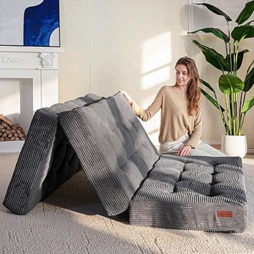 MAXYOYO Tri-Fold Mattress, 6 Inch Tufted Folding Mattress Full Foam Bed, Foldable Floor Mattress Guest Bed Mattress Topper Portable Camping Sleeping Couch with Corded Fabric, Dark Grey, 53"x75"