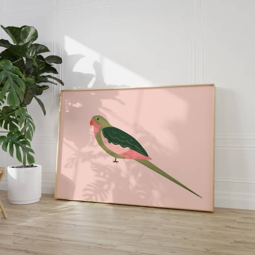 Pretty Princess Parrot Art Print - Cute Pink Bird Animal Illustration A5 or A4 Print