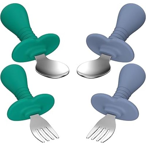 Toddler Spoons and Forks Set, 4Pcs Kids Silverware Set with Silicone Handle, 18/8 Stainless Steel Children Safe Forks and Spoons, Toddler Utensils BPA Free, Anti-Choke Design (Dark Blue, Green)