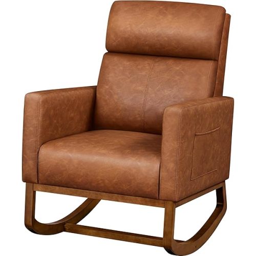 Topeakmart Nursery Rocking Chair, PU Leather Modern Accent Chair with Wood Legs Side Pocket Armchair Glider Rocker for Nursery Living Room Bedroom Lounge, Brown