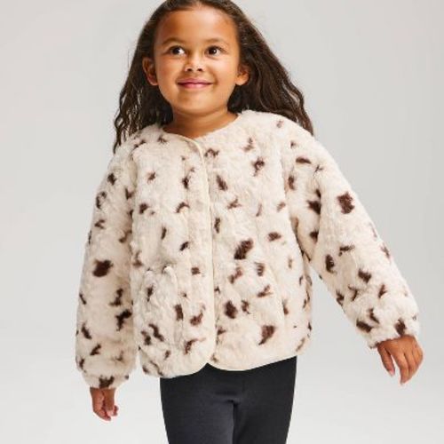Toddler Girls' Cow Print Faux Fur Jacket - Cat & Jack™ Cream 3T