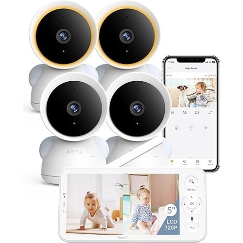 ARENTI Split-Screen Baby Monitor, 5" HD Video Baby Monitor with 4 Cameras and Audio, 720P Color Display,Night Vision, 4X Zoom,Temp& Humidity Sensor(4 Camera)