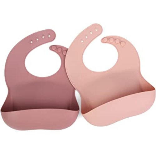 Ginbear Silicone Bibs for Babies Girl, Waterproof Baby Feeding Bibs with Food Catcher Pocket, Adjustable Silicon Bibs for Toddlers (Mauve/Baby Pink)