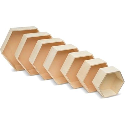 Wooden Hexagon Floating Shelves with Backs, Set of 7, Unfinished for Crafts and DIY Wall Décor: Modern, Geometric, Rustic, or Honeycomb, by Woodpeckers