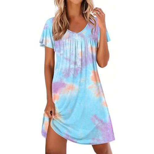 Ekouaer Nightgowns for Women Short Sleeve Sleep Shirts Pleated Night Dress V Neck Night Shirts Soft House Dress
