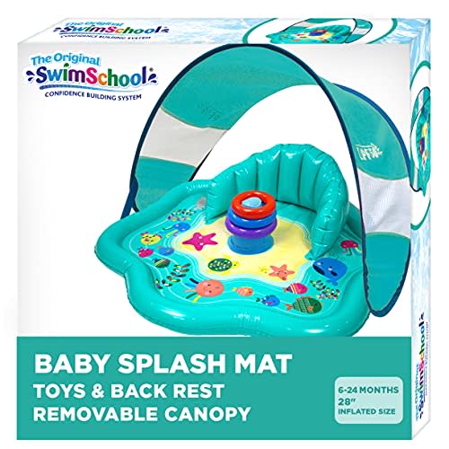 SwimSchool Baby Splash Play Mat with Adjustable Canopy Inflatable Play Pool for Babies & Infants with Backrest Includes Baby Water Toy Rings