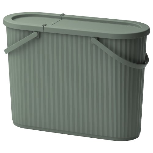 DAMMÄNG Bin with lid - gray-green 13 gallon