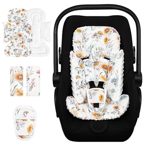 Infant Car Seat Insert Cushion for Newborn Girls Boys, 3 in 1 Ultra Soft Minky Newborn Body Support Insert Fits Car Seat, Stroller, Swing, Bouncer, Daisy Flower