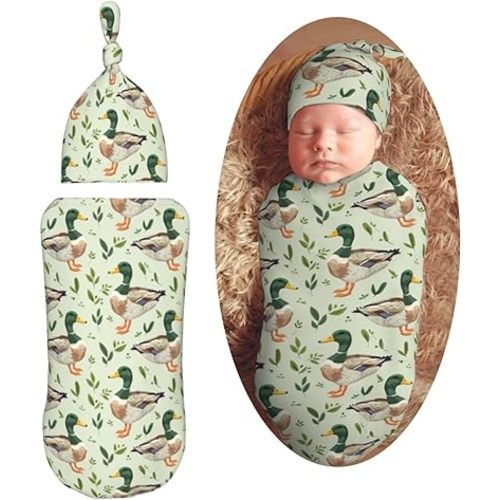 KiuLoam Cute Mallard Duck Leaf Animal Print Newborn Swaddle Blanket with Hat Set Soft Baby Receiving Blankets Baby Swaddle Sack for Baby Boys Girls