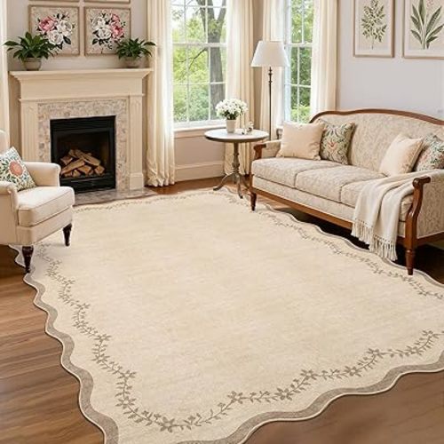 GarveeHome 5x7 Scalloped Area Rug Tan Jute Washable Rugs for Living Room Bedroom, Soft Low Pile Non Slip Accent Floor Mat Solid Floral Print Throw Rug Farmhouse Indoor Carpet for Dorm Playroom