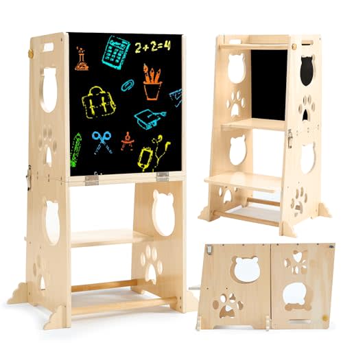 FOBIG Collapsible Toddler Kitchen Step Stool With Chalkboard, Safety Rail, and Standing Tower for Kids 1-3