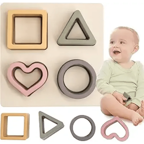 Baby Soft Nesting Sorting Stacking Toys Silicone Teething Blocks Shapes Recognition Learning Development Toys for Toddler 3+ Months(Beige)