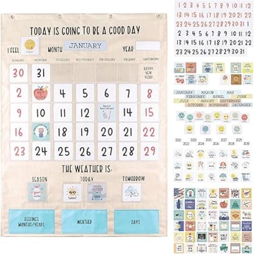 The Peanutshell Learning Calendar Wall Chart - Homeschool Supplies, Interactive Pocket Chart for Toddlers & Kids - Preschool Learning Activity Board, Circle Time Board for Classroom - Good Day