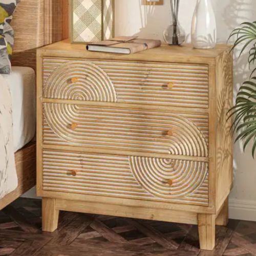 COZAYH 3-Drawer Farmhouse Dresser with Handicraft Wood Ring Motif, Rustic Nightstand Wooden Finish, Boho, Natural Wood