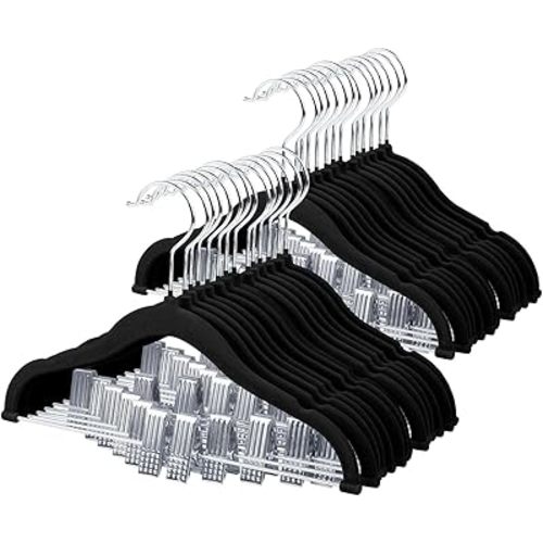 ManGotree 11.8'' Baby Velvet Hangers with Movable Clips, Non-Slip Kids Felt Hangers, Ultra-Thin Space-Saving Children's Clothes Hangers for Skirts, Pants, Dresses, Shirts, Jackets (28 Pack, Black)