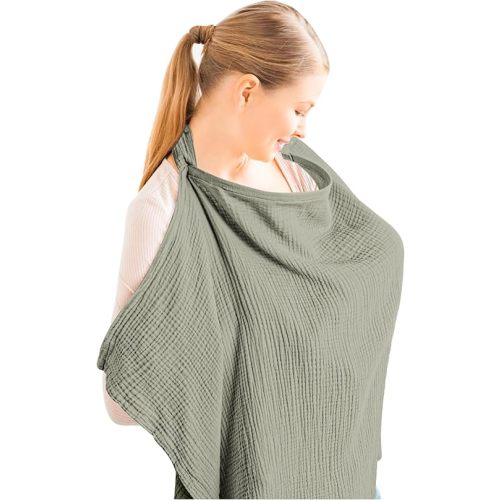 Konssy Muslin Nursing Cover for Baby Breastfeeding, Breathable 100% Cotton Breastfeeding Cover with Rigid Hoop for Mother Nursing Apron, Multi-use Carseat Canopy (Fog Green)