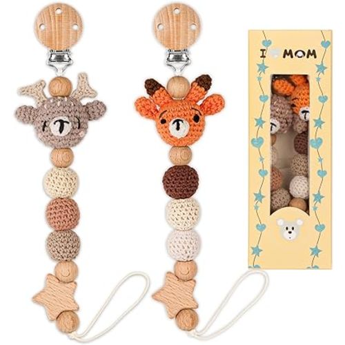 Pacifier Clip, 2 Pack Pacifier Holder for Boys and Girls, Cute Deer Handmade Knitted Christmas Pacifier Clip Fits for Most Pacifier, Baby Teethers, Baby Shower and Baby Gift