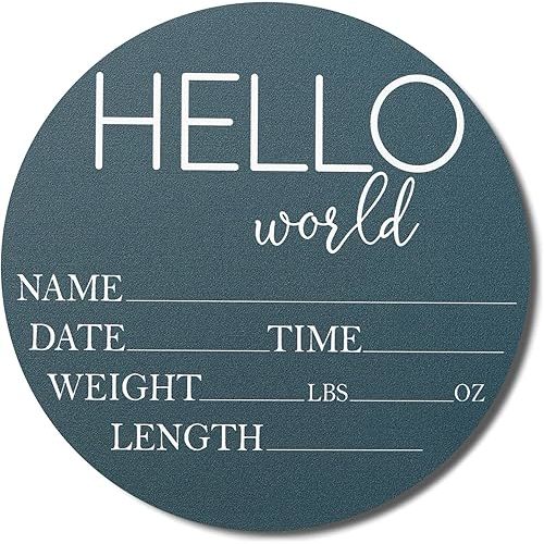 Hickory Hollow Designs - Baby Announcement Sign for Newborn Boys and Girls (Color Bases) - Hello World Nursery Decor Sign & Photo Prop for Babies Made of Birch Wood - 6" Circle Board (Blue)