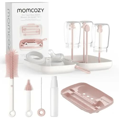 Momcozy Bottle Brush Set - Baby Bottle Cleaner Kit with Silicone Brush, Nipple Brush, Straw Brush, Soap Dispenser, Drying Rack - 7 in 1 Bottle Cleaning Tool for Home and Travel, Pink
