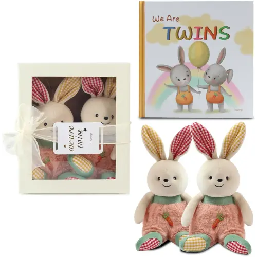 Twins Baby Items Set for Girl and boy Twin Baby Gifts Set，Plush Rabbit 2-Piece Set and Twin Baby Storybook