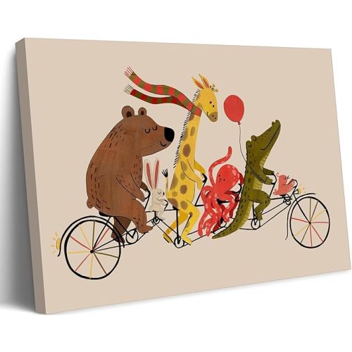 Funny Animal Canvas Wall Art Colorful Animals Bike Parade Picture Nursery Wall Decor Bird Crocodile Giraffe Rabbit and Bear Pedaling Poster Painting Prints Artwork for Kids Boys Girls Room Playroom