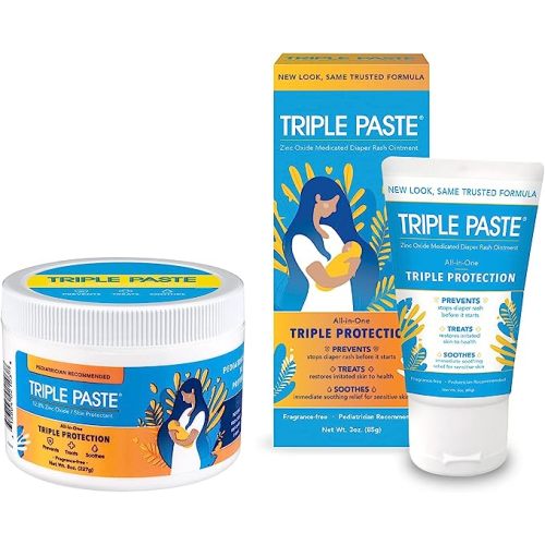 Triple Paste Diaper Rash Cream for Baby - 8 Oz Tub & 3 Oz Tube At Home & On the Go Bundle - Zinc Oxide Ointment Treats, Soothes and Prevents Diaper Rash - 8 oz Tub + 3 oz Tube Bundle - 8 Ounce Tub + 3 Ounce Tube Bundle
