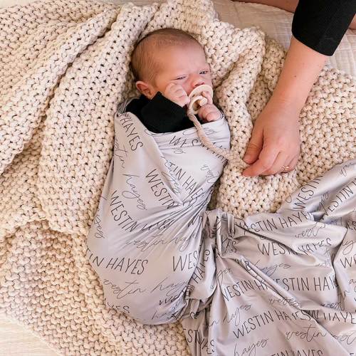Personalized Slate Gray Baby Name Swaddle Blanket - Block & Script
