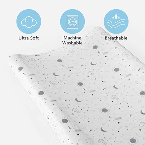 TILLYOU Changing Pad Cover Set in Soft Jersey Material - Fits 32"/34''x16" Contoured Pad for Babies, Little Sun & Gray Lines - 2 Piece Assortment - 2 pack Little Sun & Gray Lines