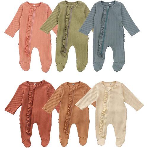 Lelloing Newborn Baby Boy Long Sleeve Romper Infant Girls Solid Color Footed Onesie Ribbed Jumpsuit Unisex Basic Pajamas (Pajama-Beige, 0-3M)
