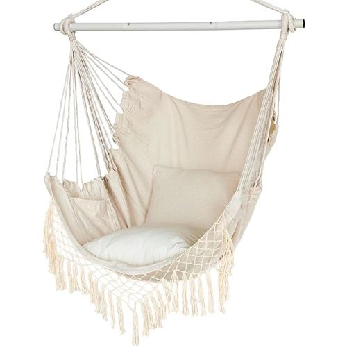 Hammock Chair, Hanging Rope Swing Seat with 2 Cushions,Macrame Hanging Chair Side Pocket with High Load-Bearing Metal Rod,for Indoor, Outdoor, Extra Comfortable