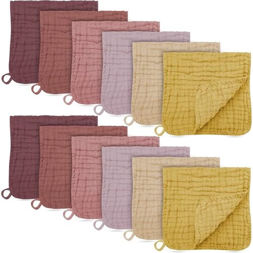12 Pack Muslin Burp Cloths - Large 20" x 10", Ultra Absorbent 100% Cotton for Baby Drool and Messes - Soft, Gentle Baby Burp Rag for Boys & Girls -Brown, Honey, Bean Paste Series