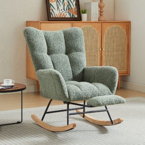 Modern Nursery Rocking Chair, Upholstered Glider Chair with High Backrest, Green Rocker Accent Armchair with Solid Wood Legs