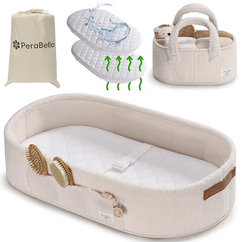 PeraBella Baby Changing Basket for Dresser Top, Baby Moses Basket for Newborn, Portable Diaper Changing Pad Table Topper for Dresser, Includes Diaper Caddy Organizer with Handle, Moses Bassinet Mat