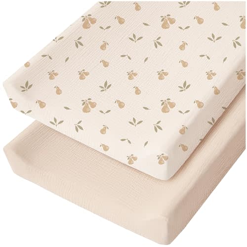 Konssy 2 Pack Muslin Changing Pad Cover for Baby Girls Boys 100% Cotton Fitted Diaper Changing Table Cover Set, Soft Changing Pad Sheets (Pear, Cream)
