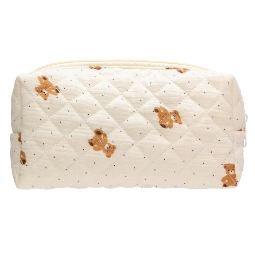 PAZIMIIK Vintage Quilted Makeup Bag Cosmetic Pouch for Brushes Pencils and Travel Make Up Accessories for Women and Girls Bear Beige