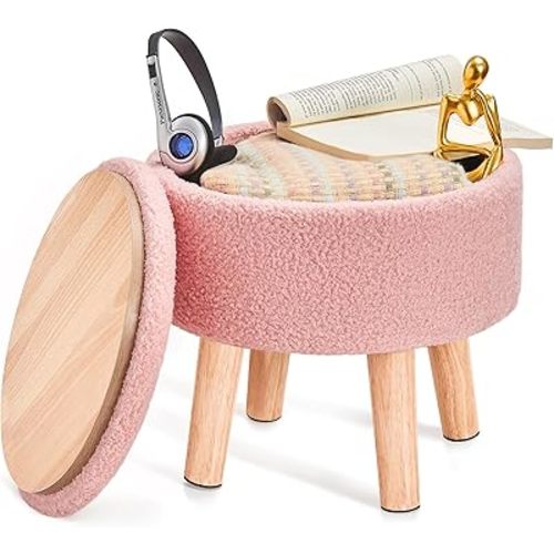 Poofzy Ottoman with Storage, Storage Ottoman, Small Foot Stool Ottoman with Wood Legs, Teddy Velvet Foot Rest for Couch, Living Room and Bedroom - Pink