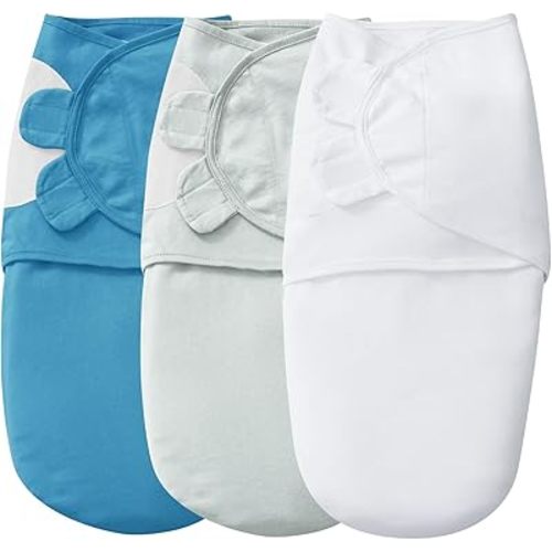 david's kids 100% Cotton 3 Pack Baby Swaddle Wrap for 0-3 Months, Soft Swaddle Blanket for Newborn Infant, Adjustable Baby Wrap Sleep Sacks for Boys Girls, Newborn Essentials, White & Grey & Blue