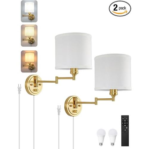 Plug in Wall Sconces with Remote Control, Dimming 10%-100% & Adjustable Colors 2700K-6500K, Hardwire or Plug-in, Swing Arm Wall Lamp with White Fabric Shade, Wall Sconces Set of Two, Gold Finish - White(Bulbs+Remote)